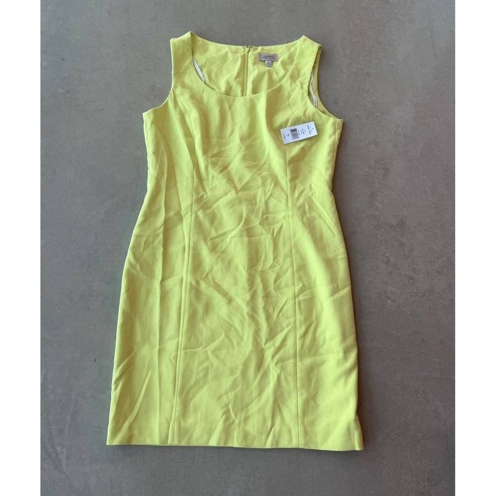 Tahari Arthur S. Levine Yellow Sheath Dress Scoop Neck Knee Zip Size 14